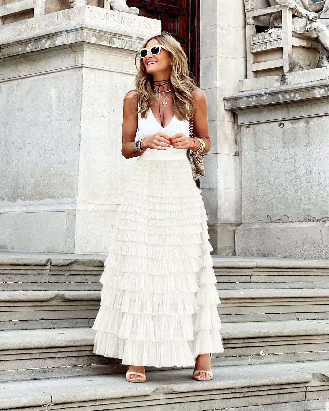 Serelise | Layered Tulle Elastic Waist Maxi Skirt
