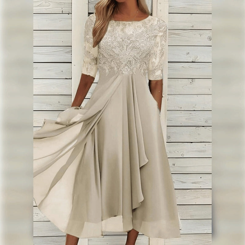 Seraphelle | Lace Sleeve Wedding Guest Midi Dress