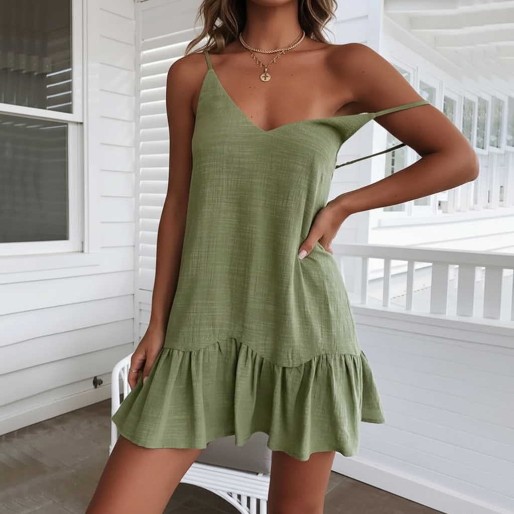Riyana | Linen Mini Dress with Ruffle Hem