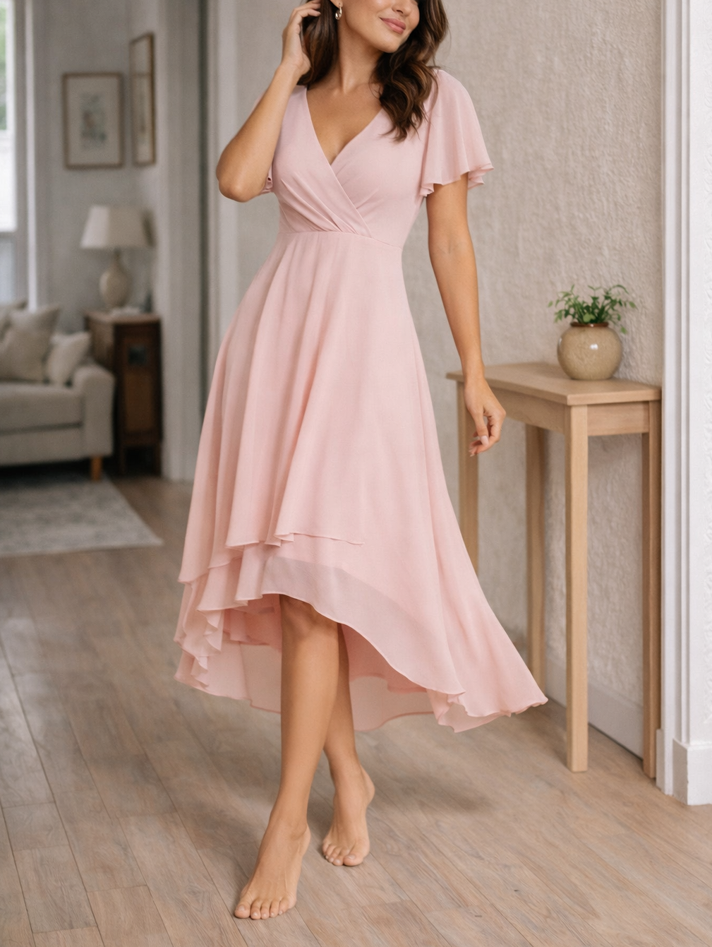 Amelia | V Neck Midi Dress with Flowing Hem