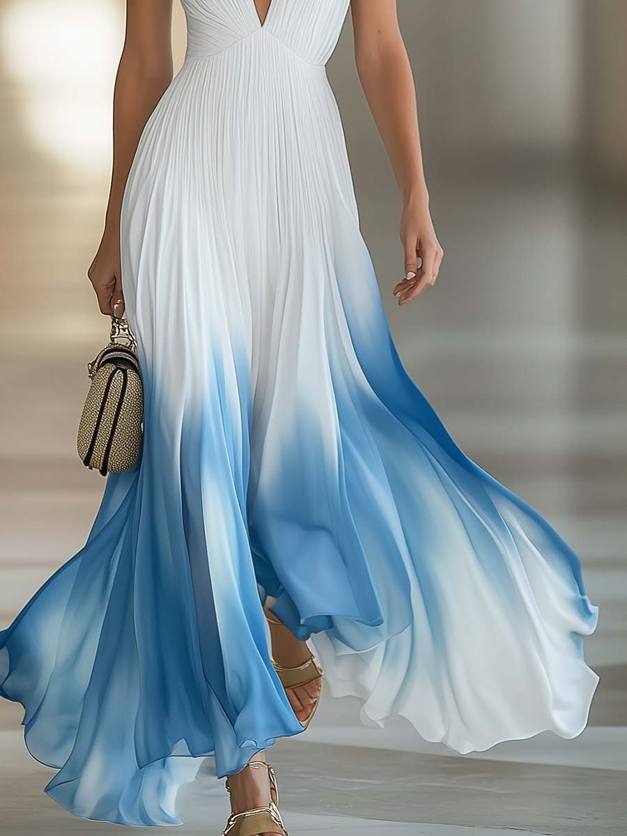 Aurora | Flowing V Neck Maxi Dress with Blue Ombre