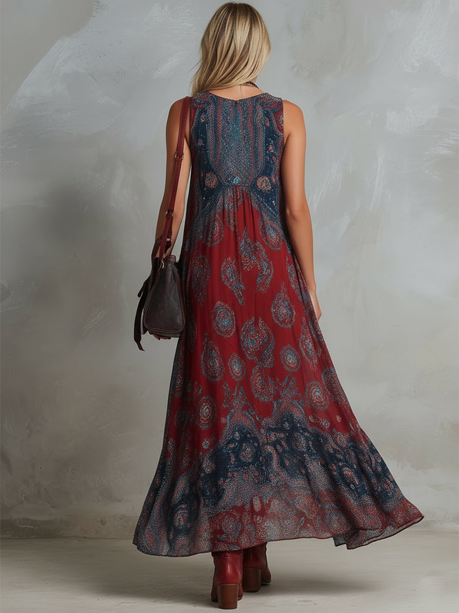 Savannah | Boho Print Sleeveless Maxi Dress with V Neck