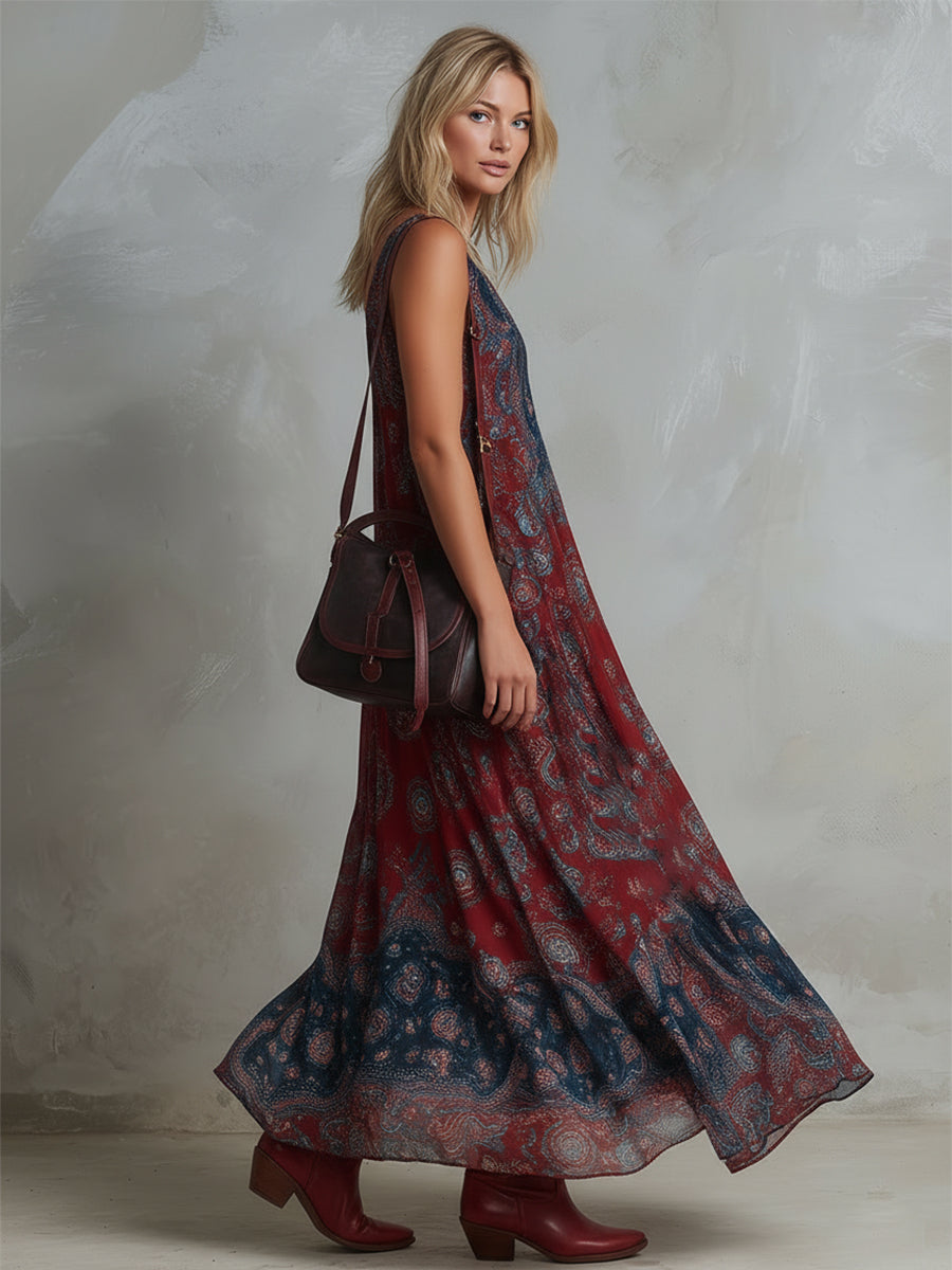 Savannah | Boho Print Sleeveless Maxi Dress with V Neck