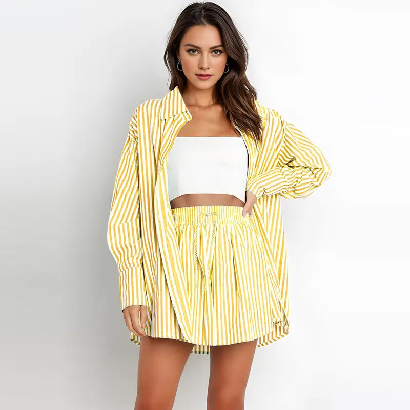 TIFY™ – Chic Striped Collared Shirt and Wide-Leg Shorts Set