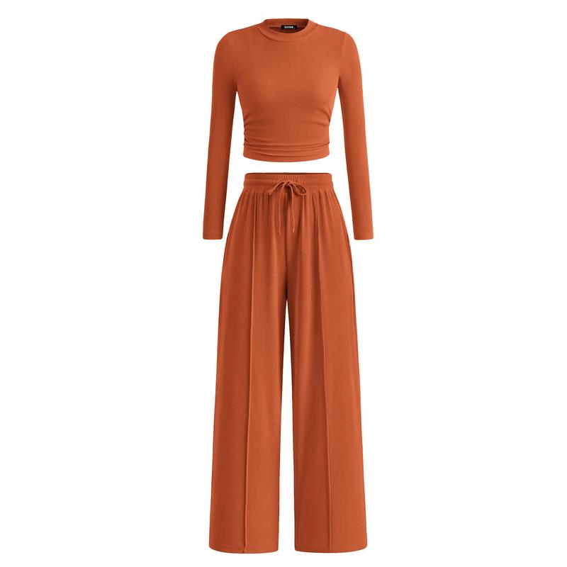 MIRELA™ - Ribbed Knit Long Sleeve Crop Top and Matching Pants Set