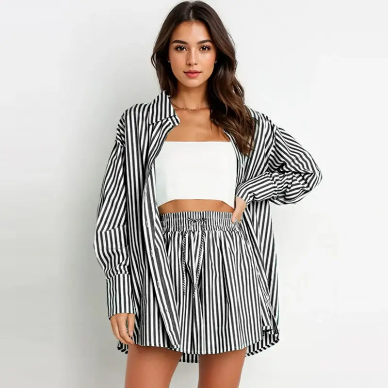 TIFY™ – Chic Striped Collared Shirt and Wide-Leg Shorts Set