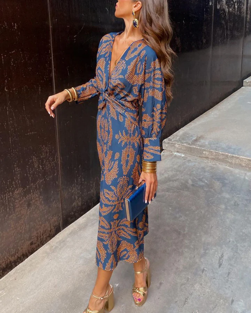 Valentina | Long Sleeve Print Maxi Dress with V Neck