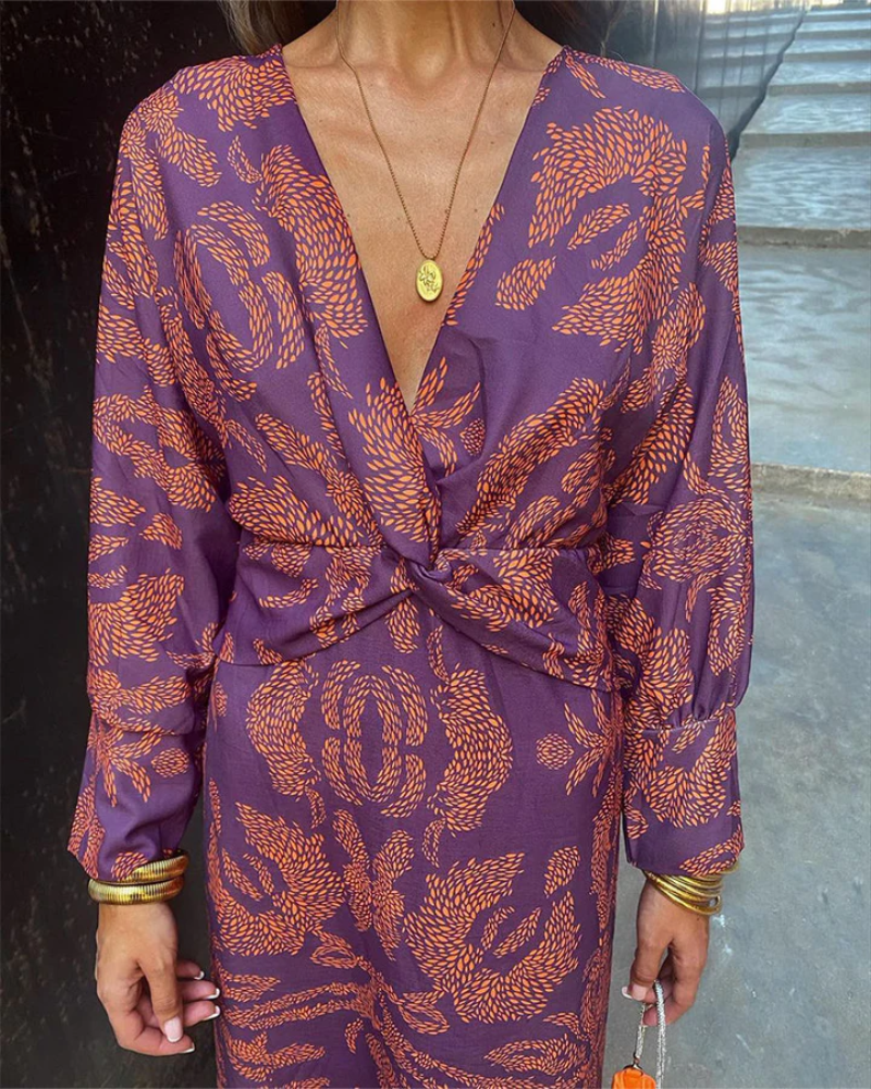 Valentina | Long Sleeve Print Maxi Dress with V Neck