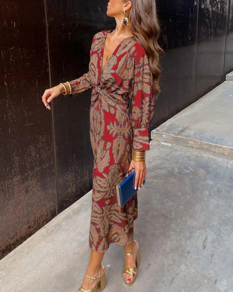 Valentina | Long Sleeve Print Maxi Dress with V Neck