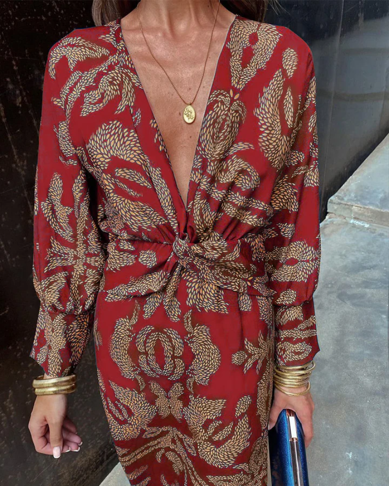 Valentina | Long Sleeve Print Maxi Dress with V Neck