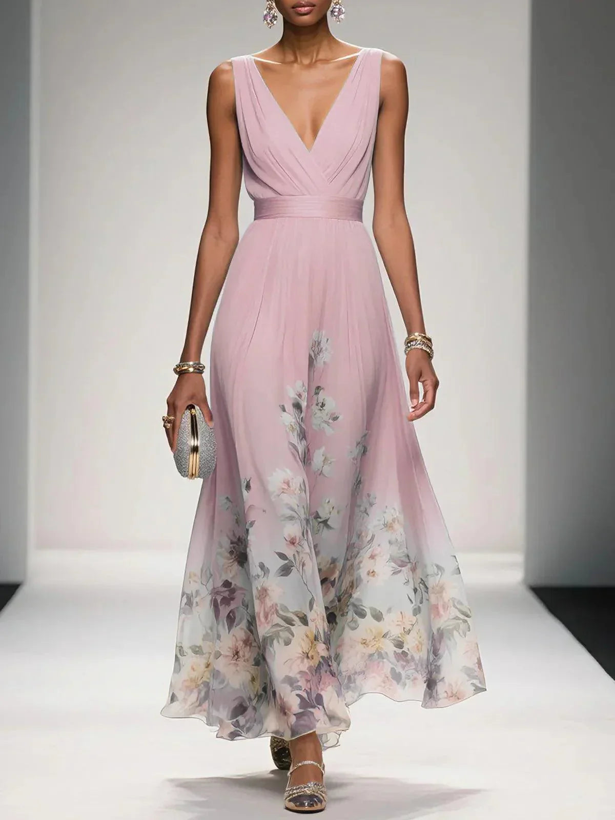 Serena | Elegant Floral V Neck Maxi Dress for Wedding Guests