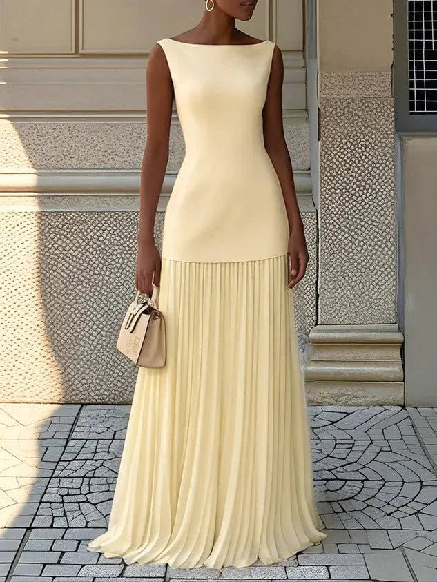 Camille | Boat Neck Pleated Maxi Dress