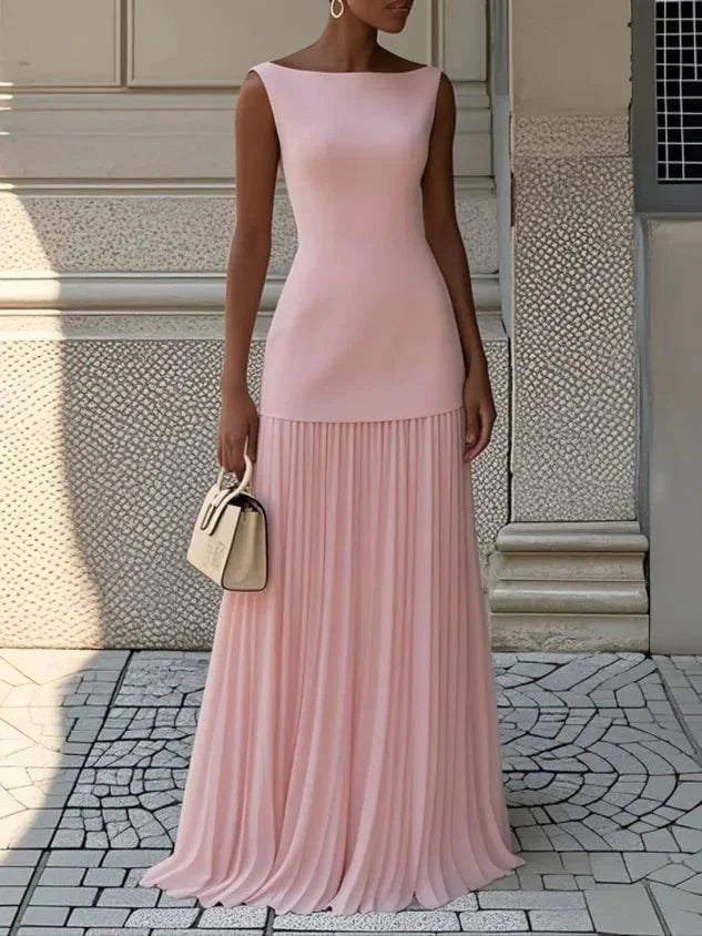 Camille | Boat Neck Pleated Maxi Dress