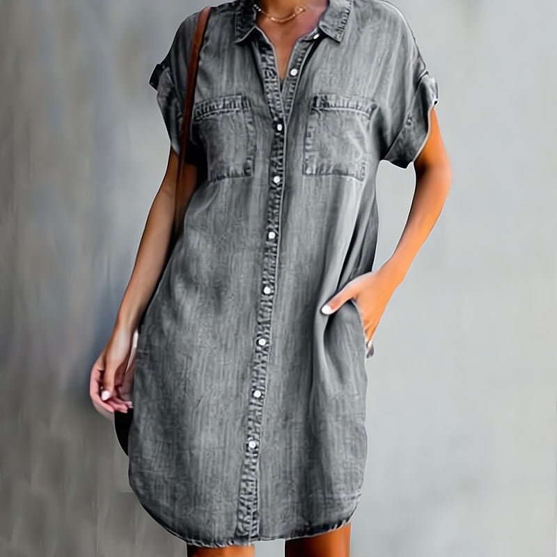 Evelyn | Denim Shirt Midi Dress with Button-Down Front and Chest Pockets