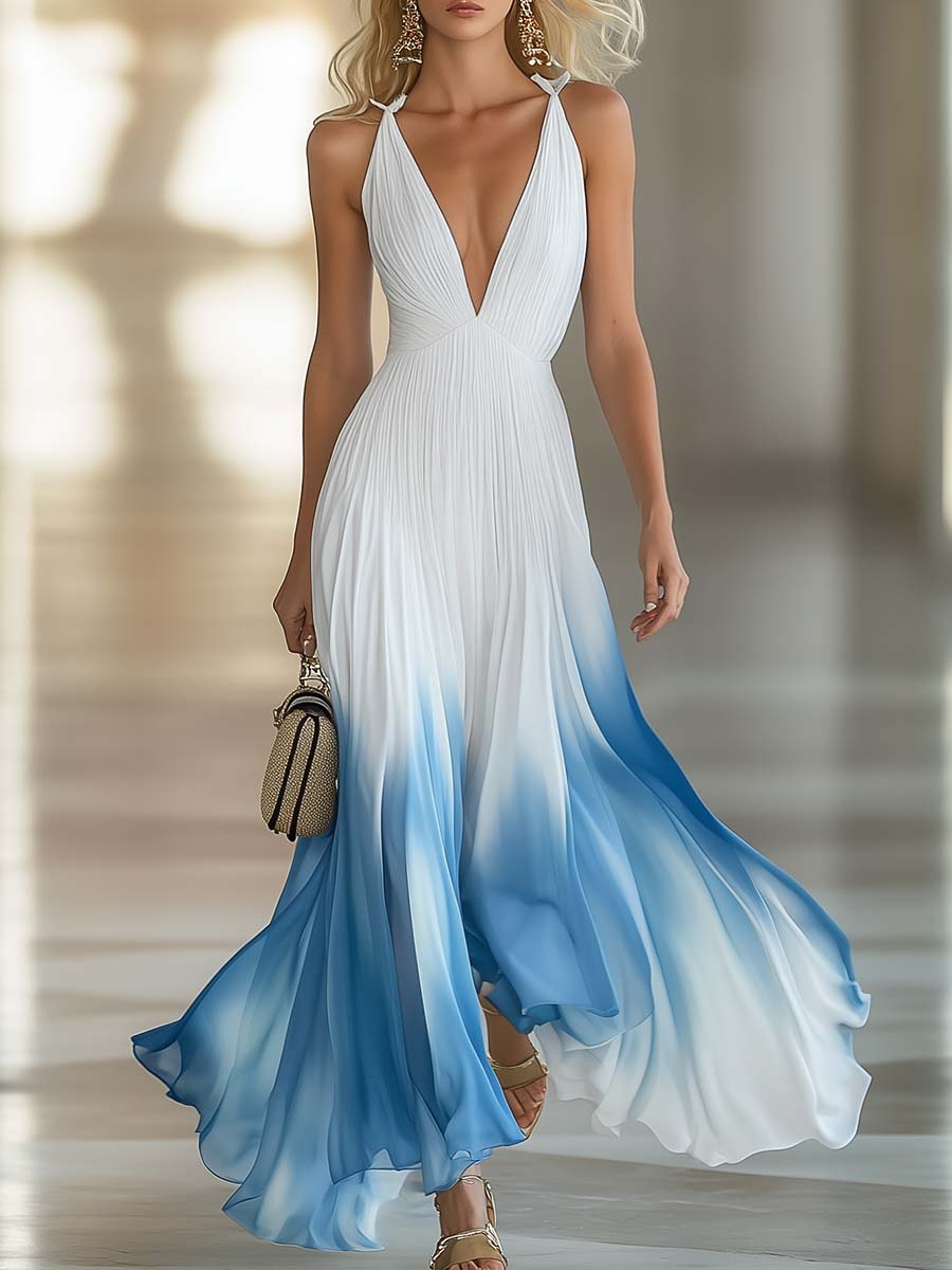 Aurora | Flowing V Neck Maxi Dress with Blue Ombre