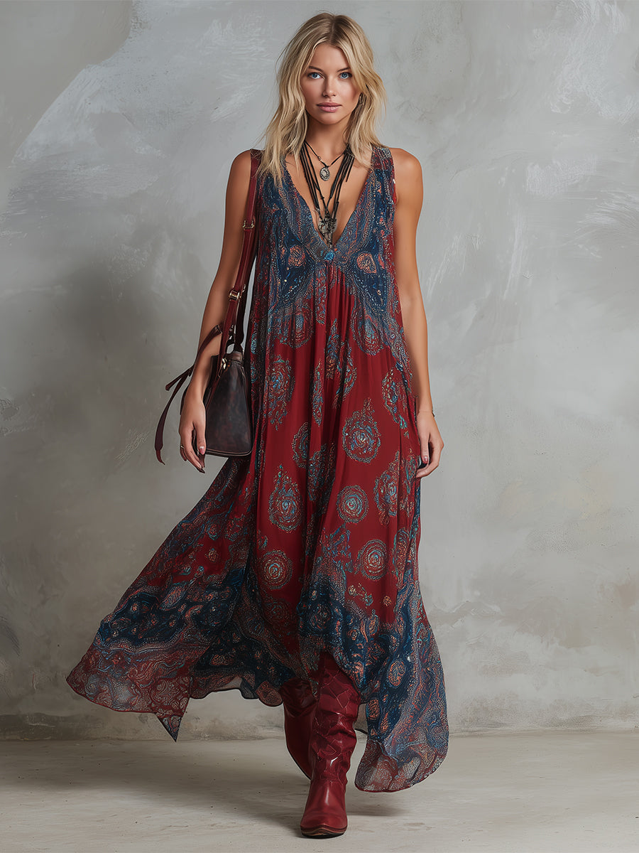 Savannah | Boho Print Sleeveless Maxi Dress with V Neck