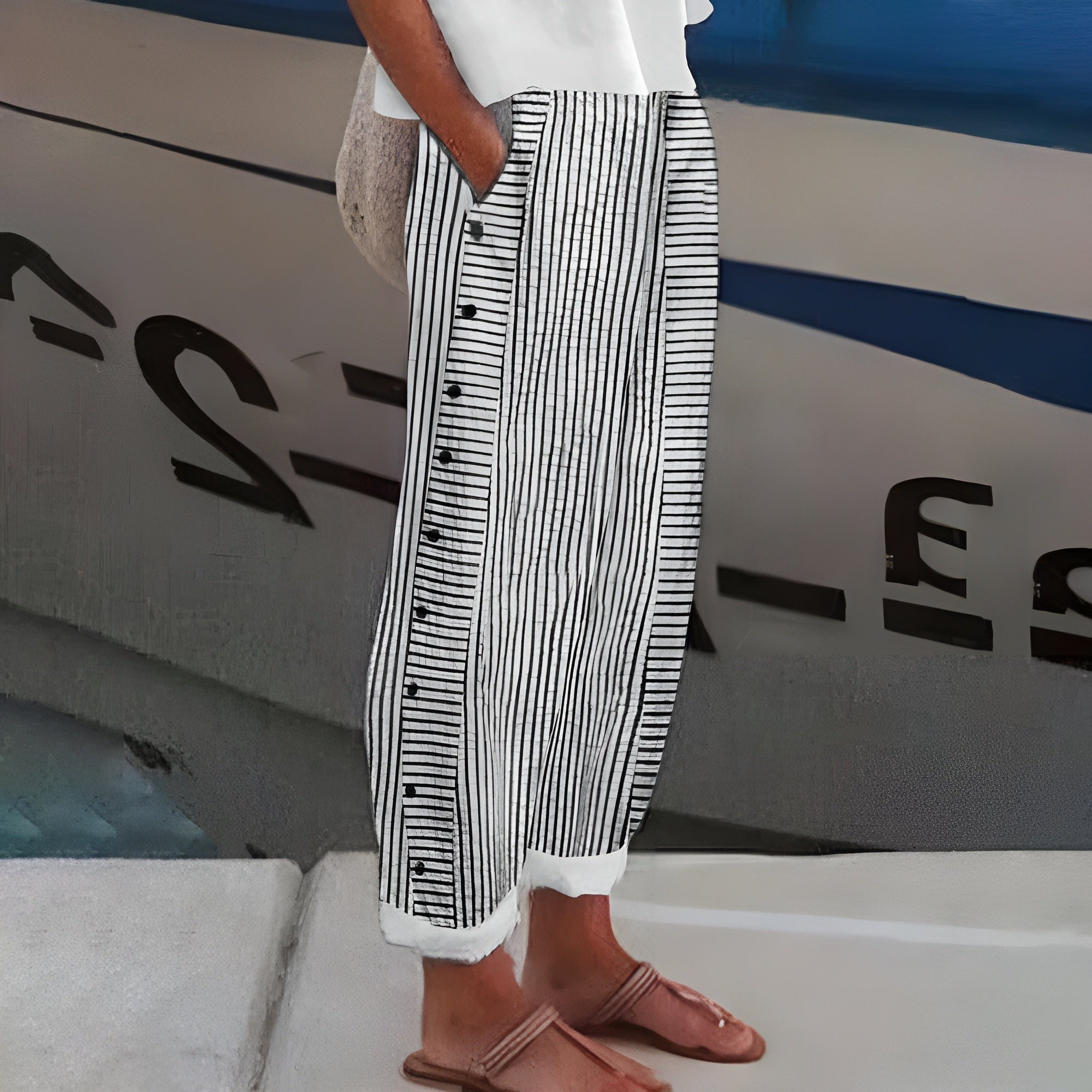 Maristelle | Striped Wide Leg Button Pants