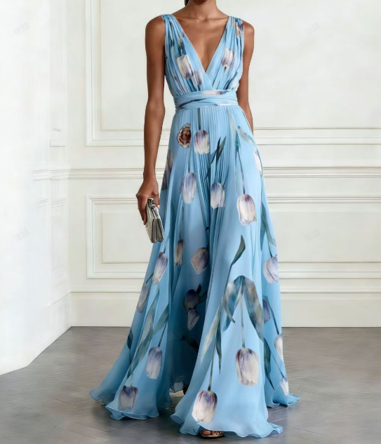 Kaelyn | Floral Deep V Neck Chiffon Maxi Dress Wedding Guest