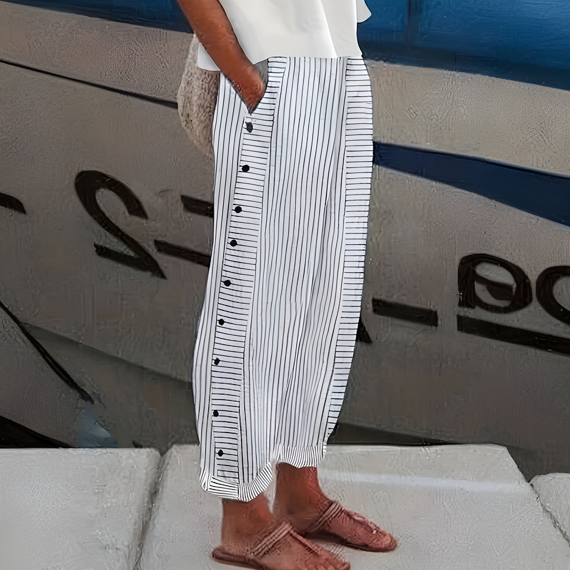Maristelle | Striped Wide Leg Button Pants