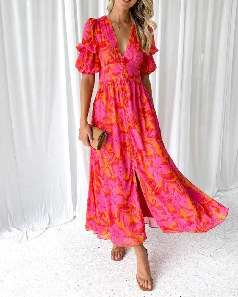 Lunara | Floral Puff Sleeve Summer Maxi Dress