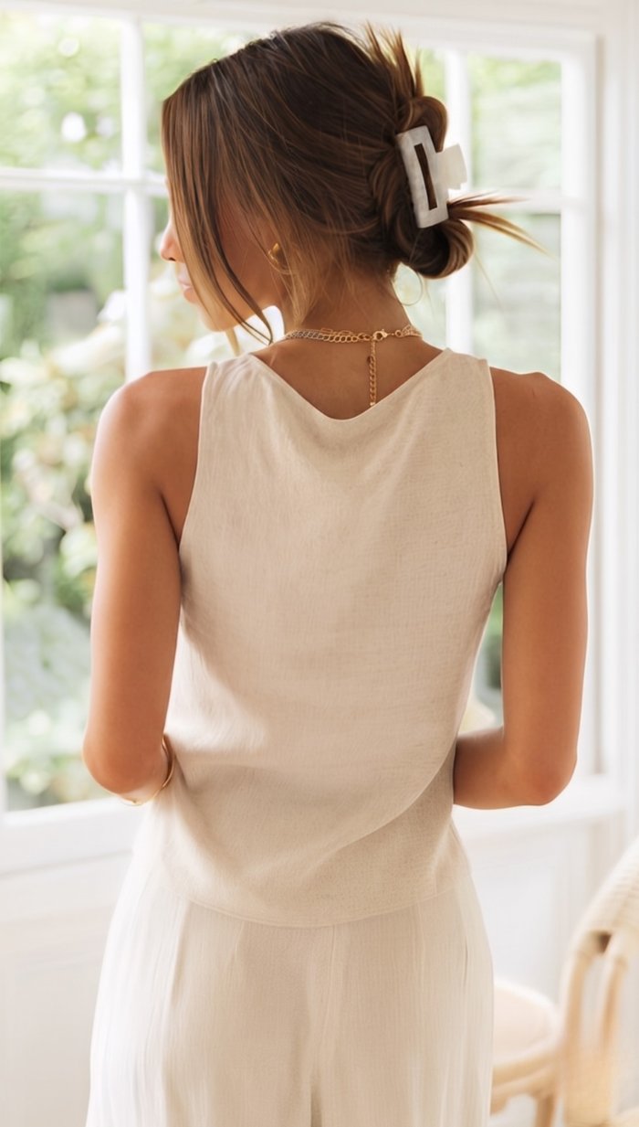 Aveline | Linen Two-Piece Set with Ruched Crop Top and Wide-Leg Pants