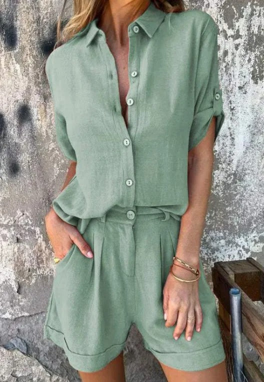 Dixie - Button Front Short Sleeve Blouse Set