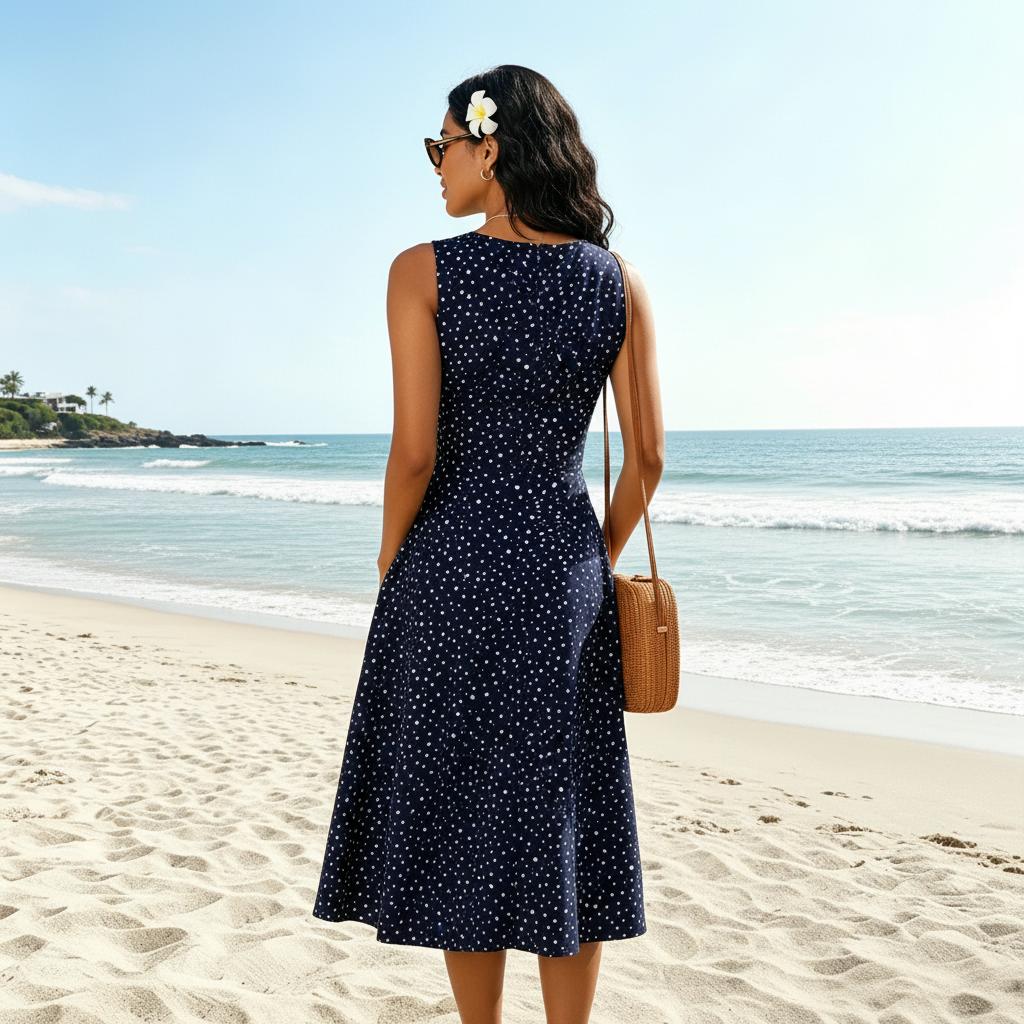 Elena | Women's Polka Dot Midi Dress with Sleeveless Fit & Flare Design