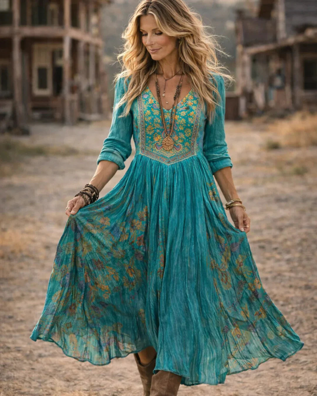 Tamara | Boho Embroidered V Neck Maxi Dress Long Sleeve Dress