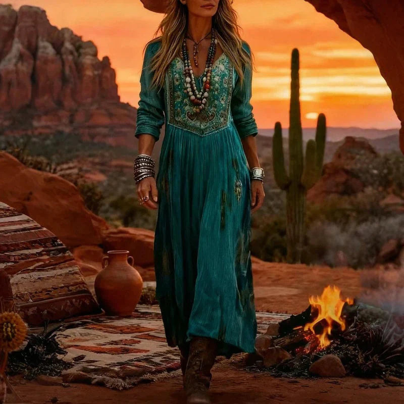 Tamara | Boho Embroidered V Neck Maxi Dress Long Sleeve Dress