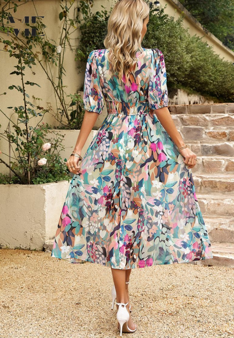 Jasmine | Elegant Floral V Neck Midi Dress