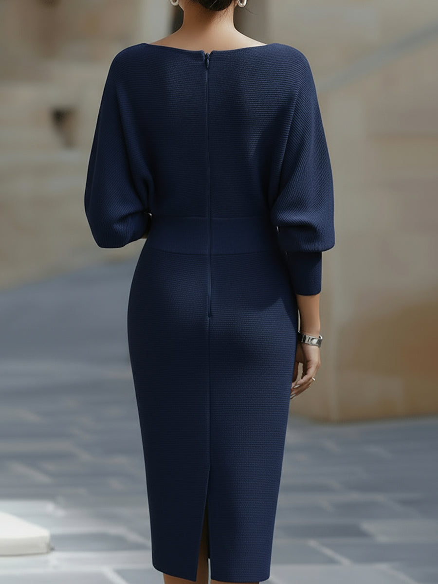 Elara | Draped Neck Batwing Sleeve Midi Dress