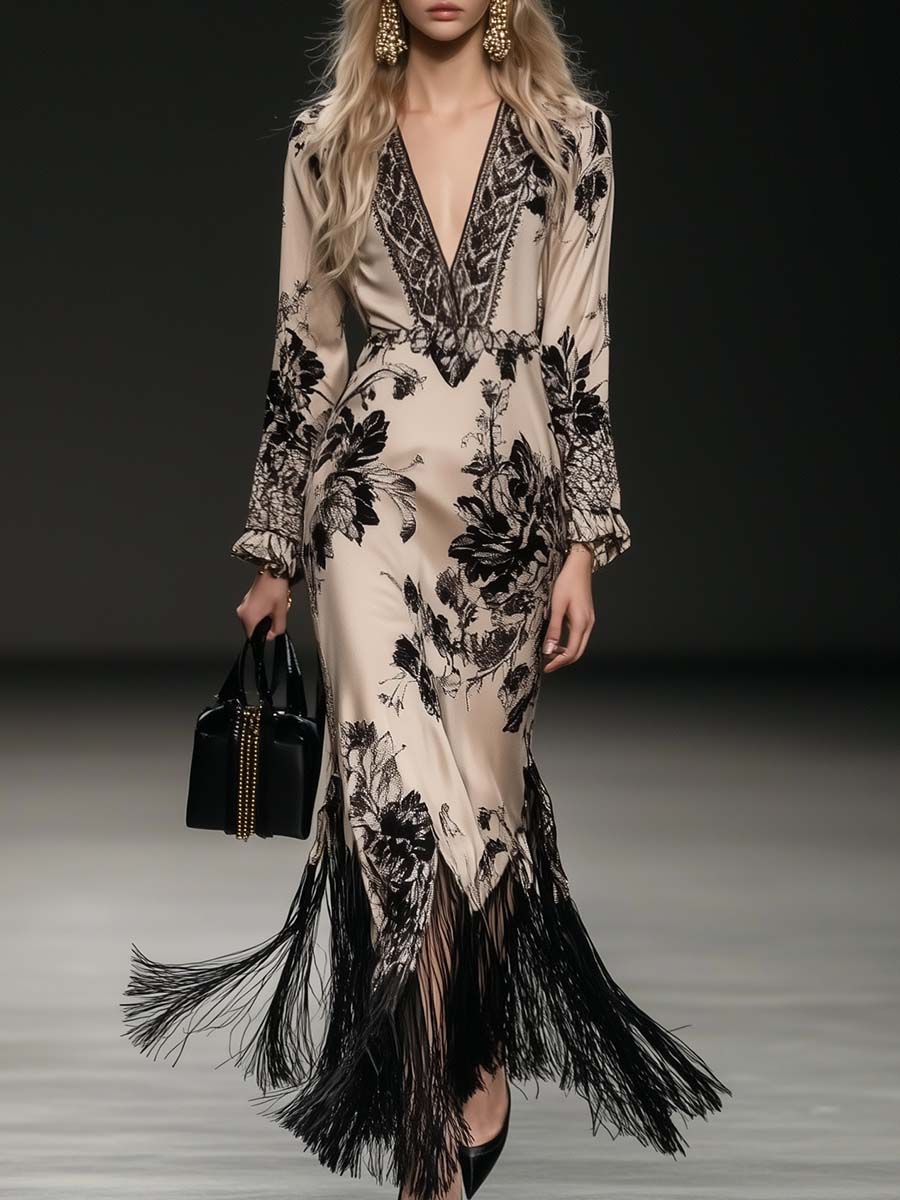 Seraphine | Satin Maxi Dress with Tassel Hem