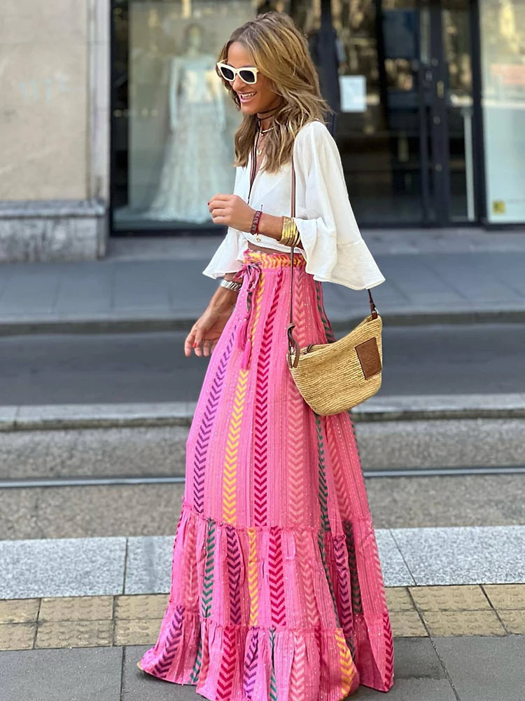 Calista | Long Floral Elastic Waist Skirt
