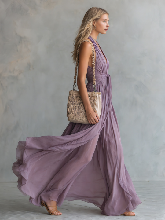Amara | Halter Chiffon Maxi Dress with Flowing Skirt