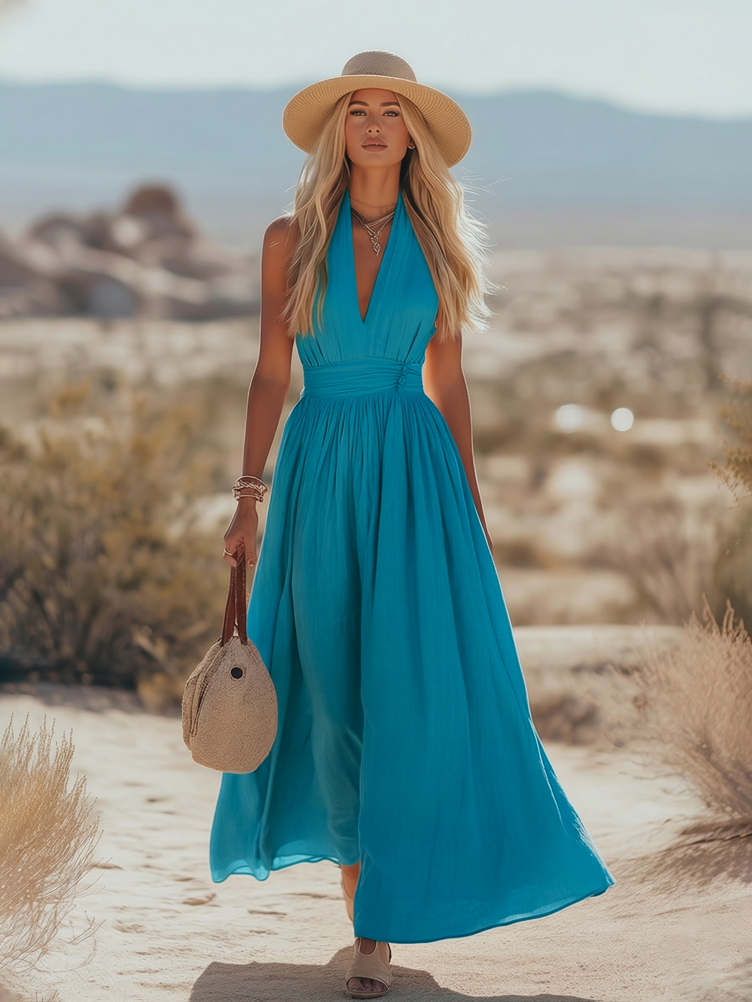 Soleia | Boho Halter Maxi Dress in Soft Linen Blend