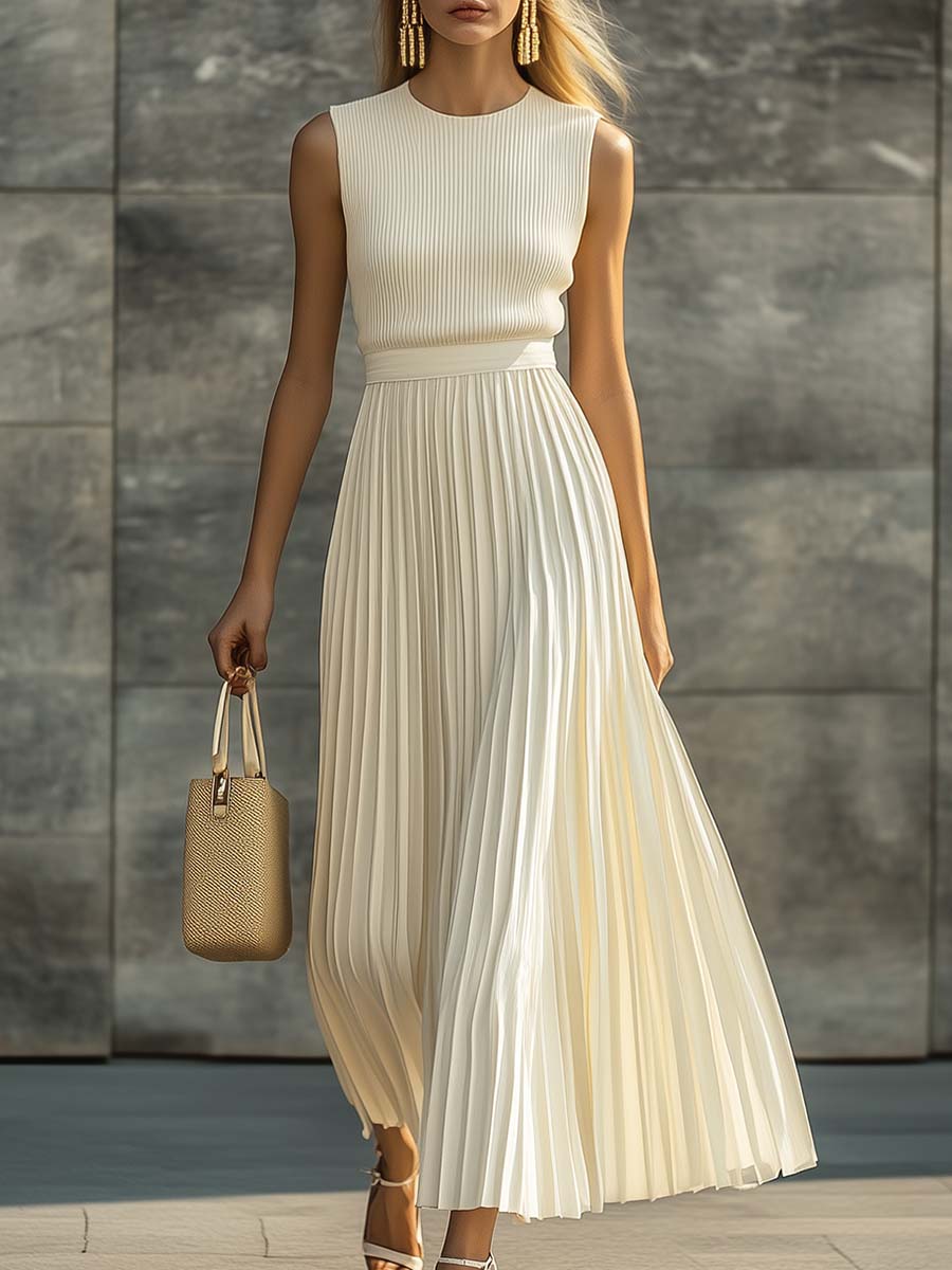 Elise | Sleeveless Pleated Maxi Dress in Soft Cream