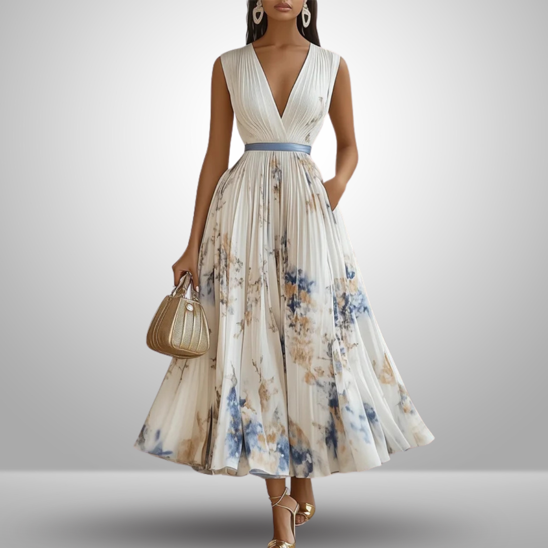 Aureline | Pleated V-Neck Floral Midi Dress