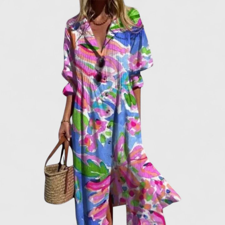 Marina | Leaf Print Button Front Maxi Dress