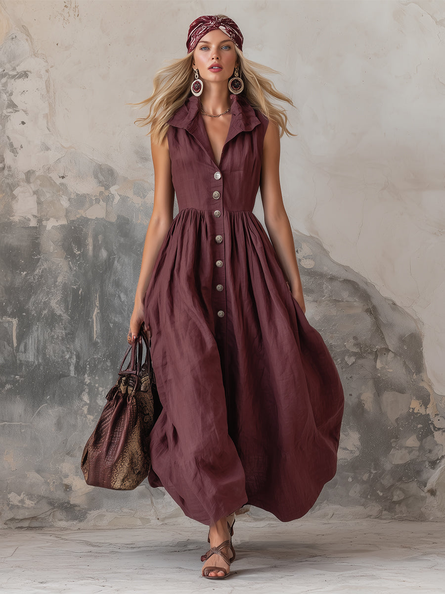 Valentina | Sleeveless Linen Maxi Dress with Button Front