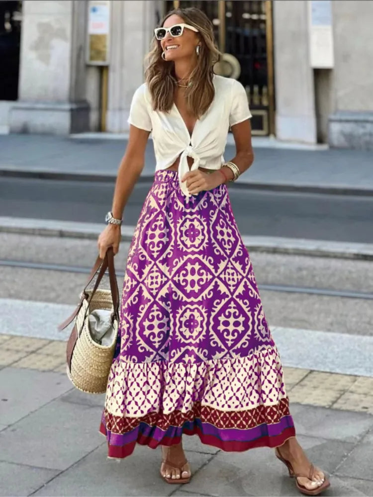 Calista | Long Floral Elastic Waist Skirt