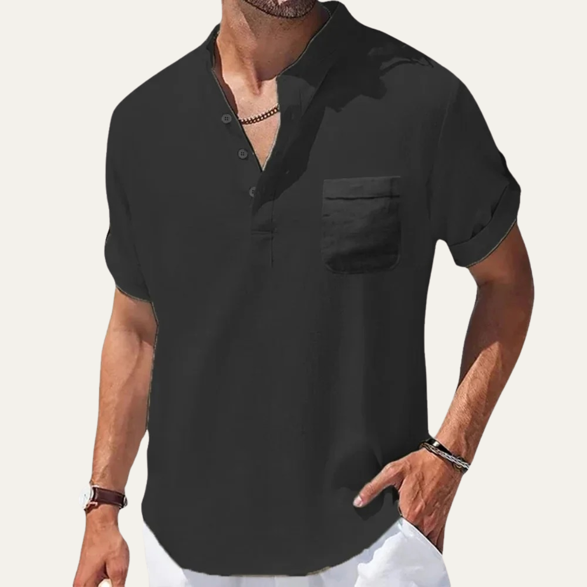 Marco | Linen Henley Short Sleeve Button Up Shirt