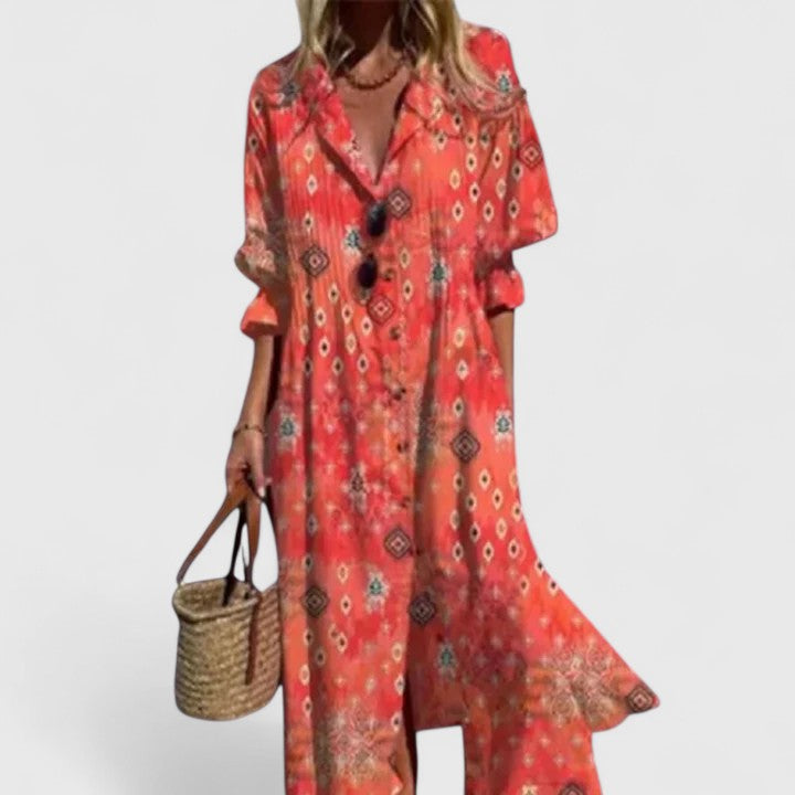 Marina | Leaf Print Button Front Maxi Dress