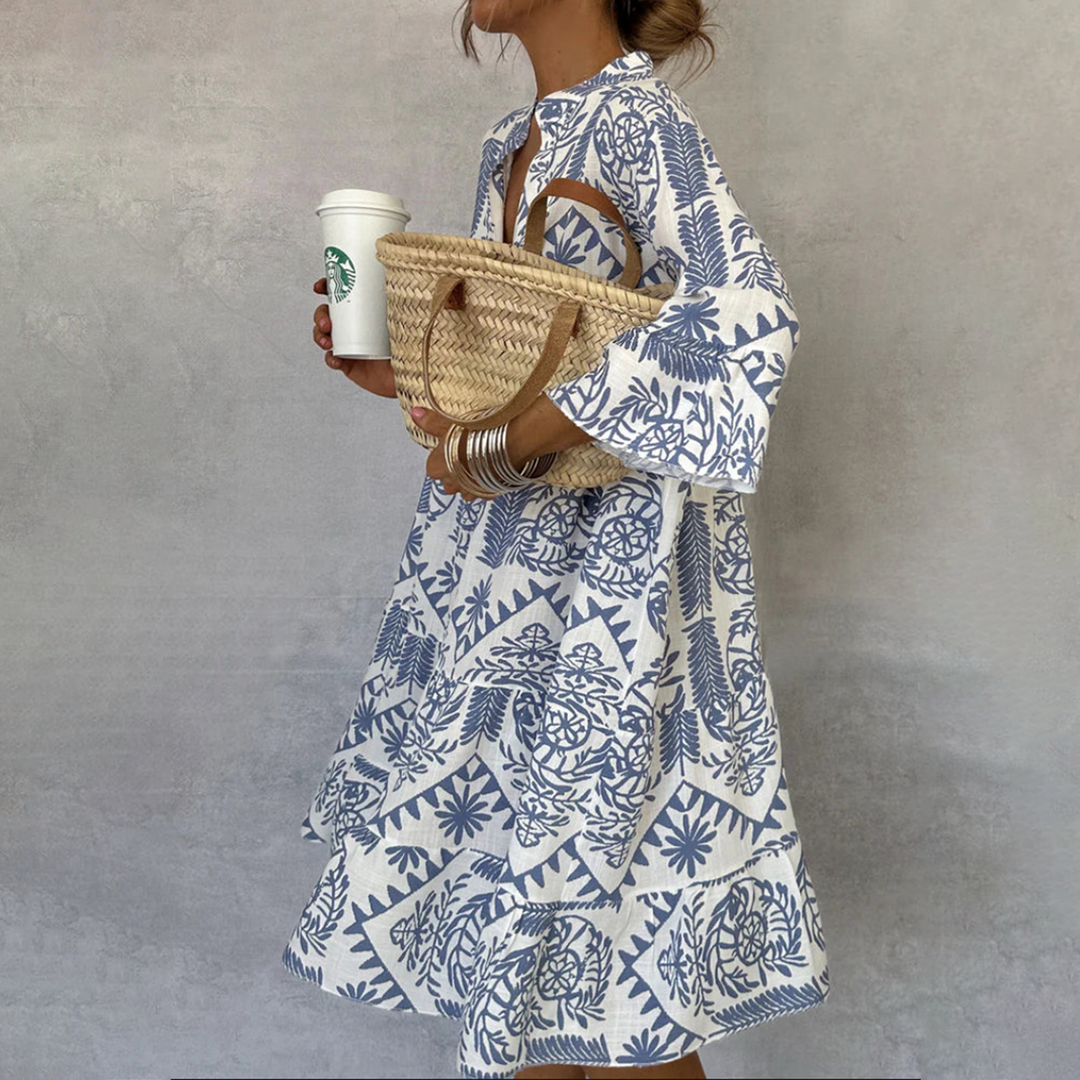 Maelle | Boho Printed Mini Dress with Flared Sleeves
