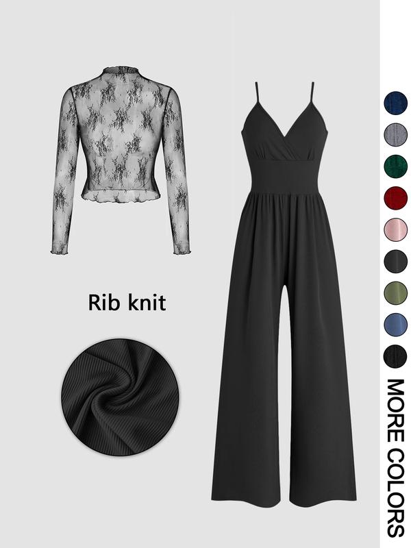 MARYAM™ - Solid Color Lace Tee &amp; Pocket Jumpsuit Set for Spring &amp; Fall