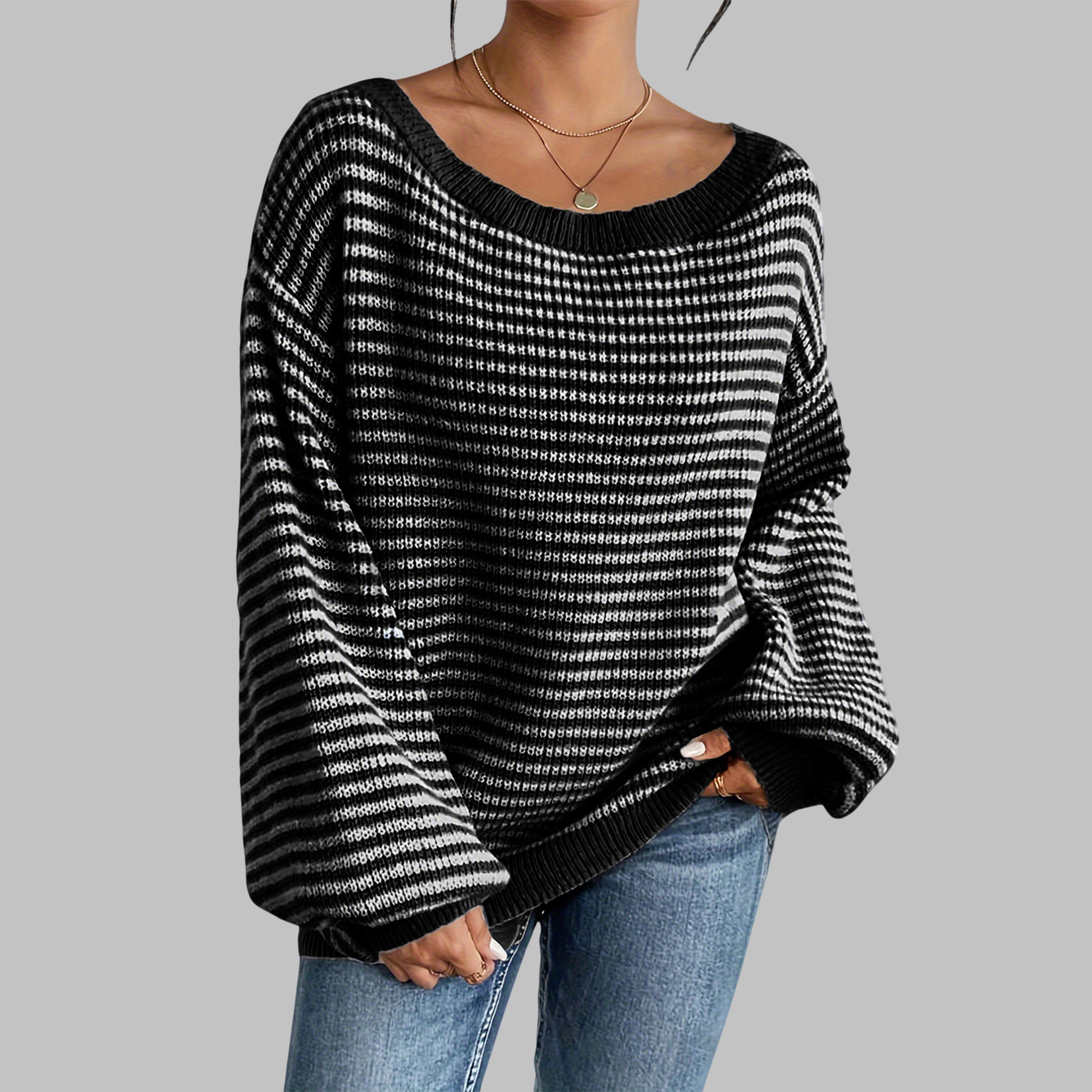 POSHIKO™ - Casual Striped Drop Shoulder Long Sleeve Sweater