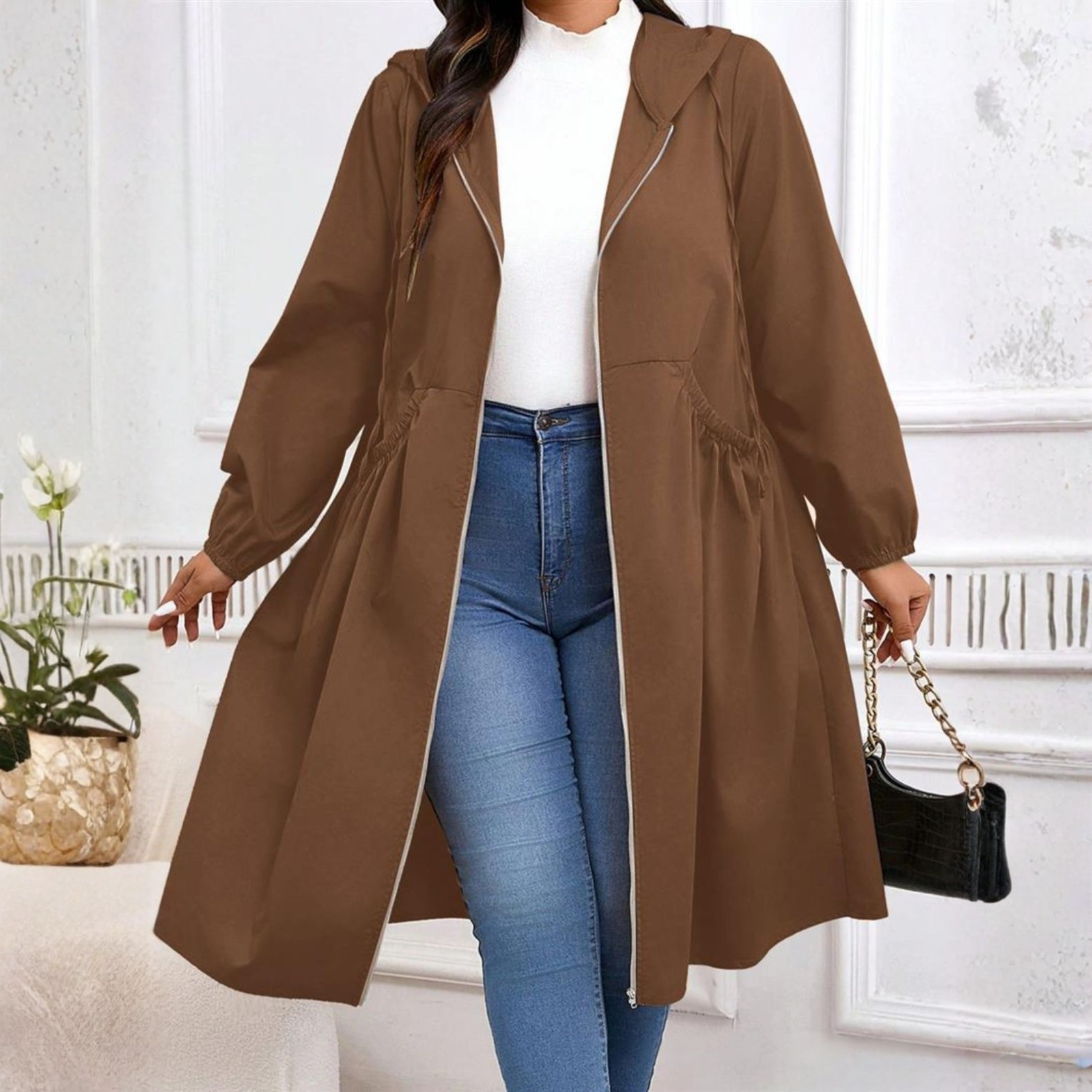 AVRIL™ - Casual Plus Size Drawstring Zip-Up Long Sleeve Hooded Coat