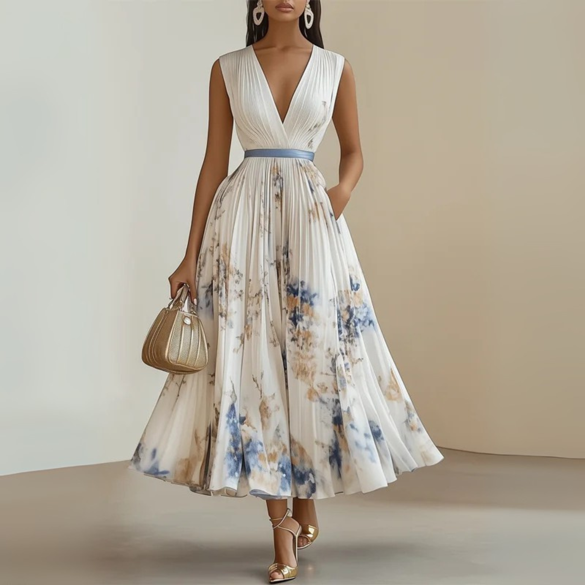 Aureline | Pleated V-Neck Floral Midi Dress
