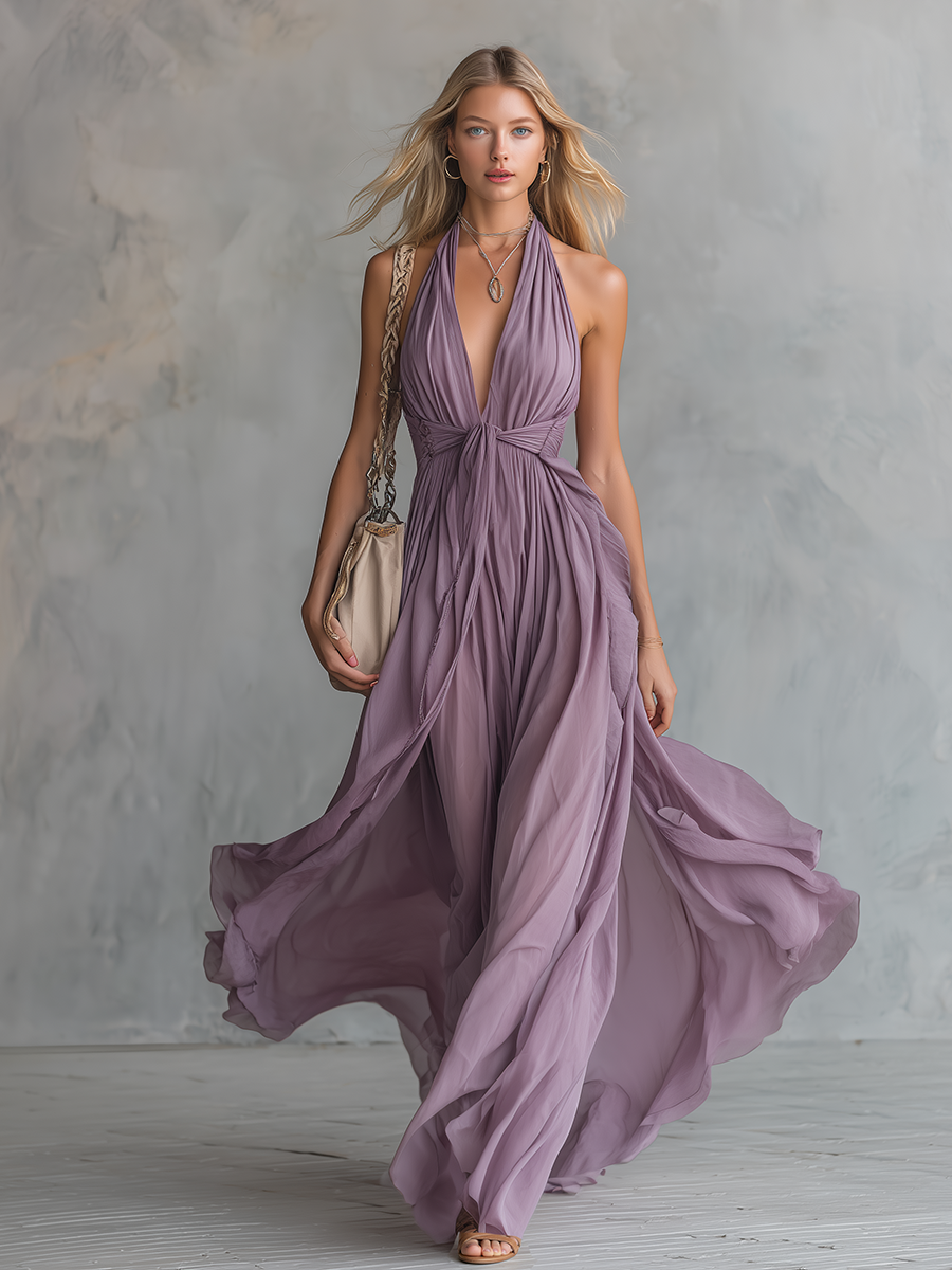 Amara | Halter Chiffon Maxi Dress with Flowing Skirt