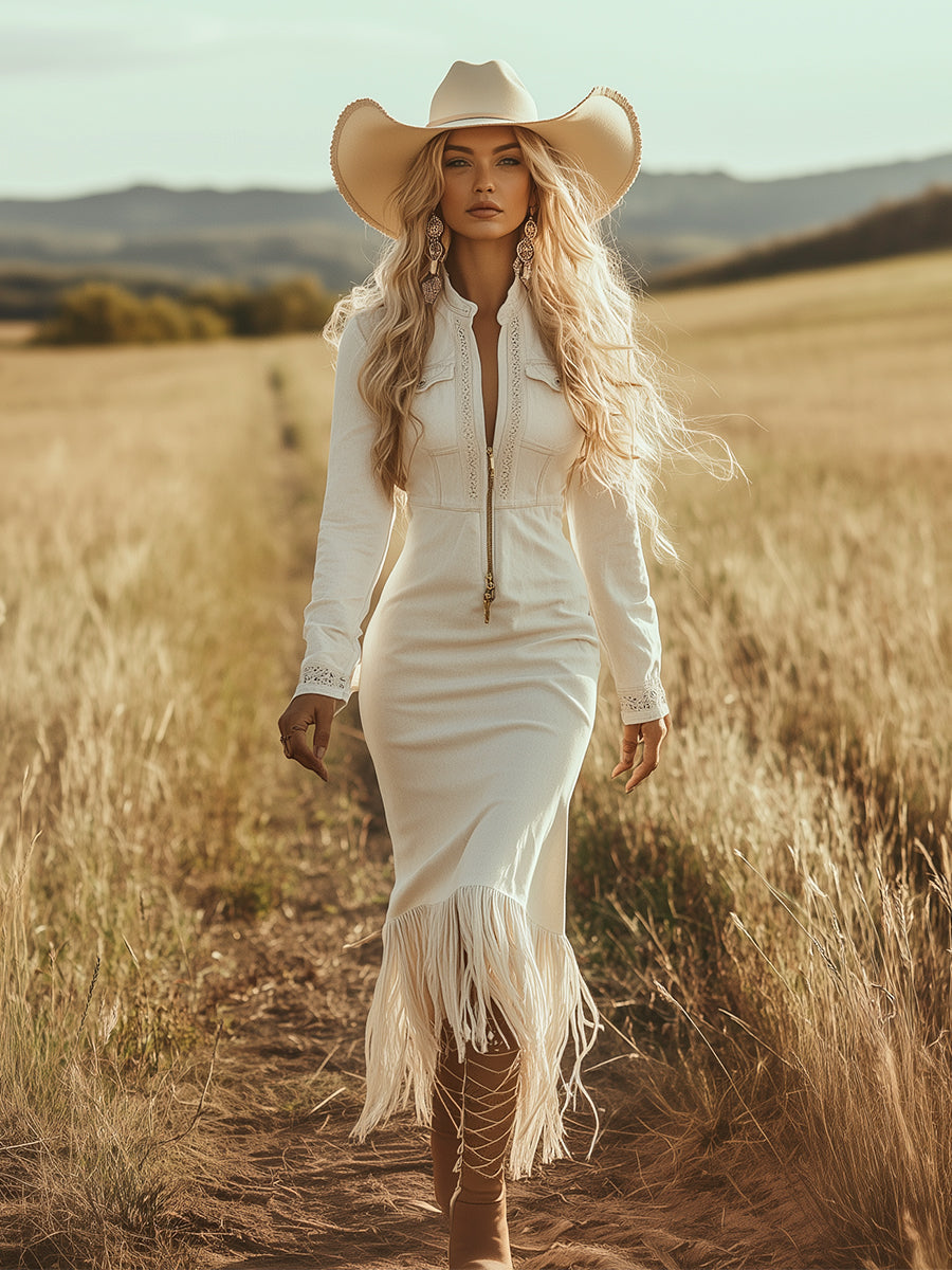 Dakota | Western Fringe Maxi Dress with Half Zip