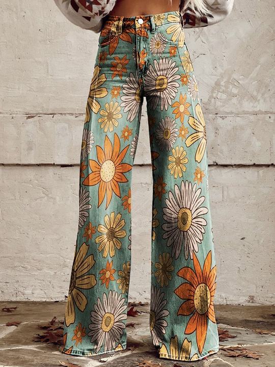 Daisy | High Waist Boho Floral Wide Leg Pants
